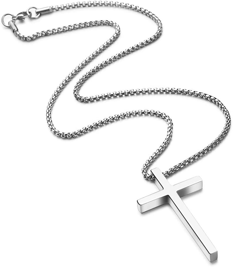 M MOOHAM Cross Necklace for Men, Silver Black Gold Stainless Steel Plain Cross Pendant Necklace for Men Box Chain 16-30 Inch - Image 5