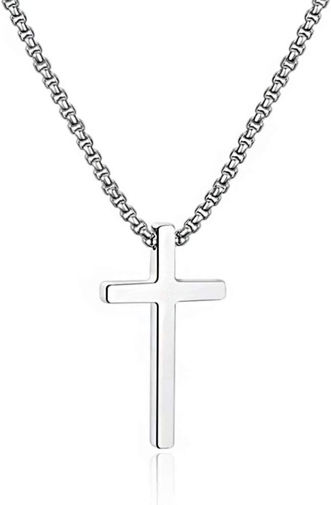 M MOOHAM Cross Necklace for Men, Silver Black Gold Stainless Steel Plain Cross Pendant Necklace for Men Box Chain 16-30 Inch - Image 2