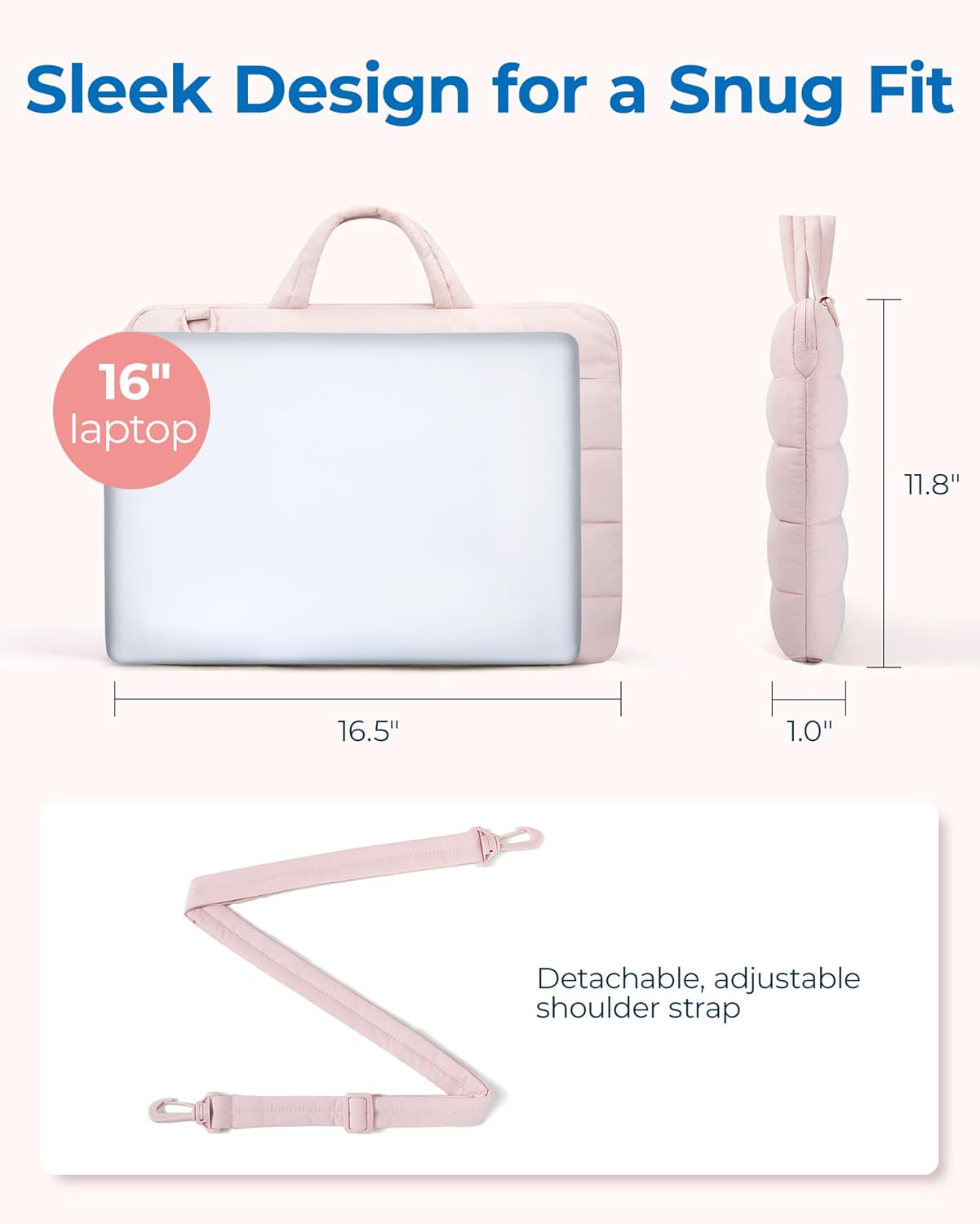 BAGSMART 15-16 inch Laptop Bag, Puffy cute Laptop Case Sleeve with Handle for Women, Portable Macbook Air/Pro 13 inch Case Sleeve with Strap, Pink - Image 7