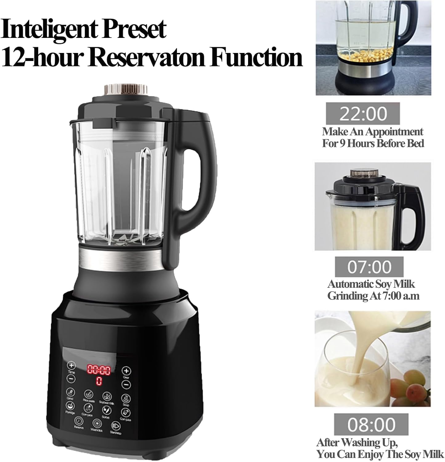 Countertop Food Blender,Hot Soup Maker,High-Speed Kitchen Food Processor with 9 One Touch Programs,12H Preset,Self-Cleaning,Crushing,Mixing,Juices,Pureeing,Grinding,Chopping,Auto-shutoff, 60OZ, 1200W - Image 8