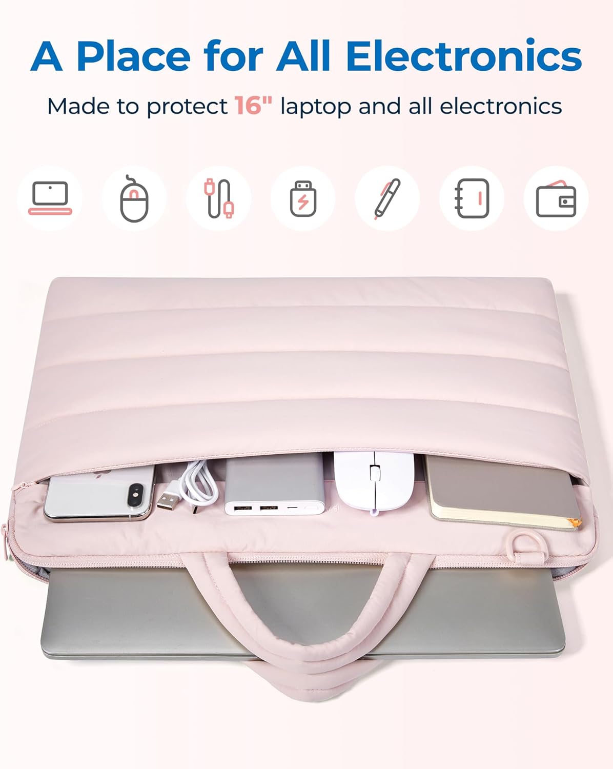 BAGSMART 15-16 inch Laptop Bag, Puffy cute Laptop Case Sleeve with Handle for Women, Portable Macbook Air/Pro 13 inch Case Sleeve with Strap, Pink - Image 4