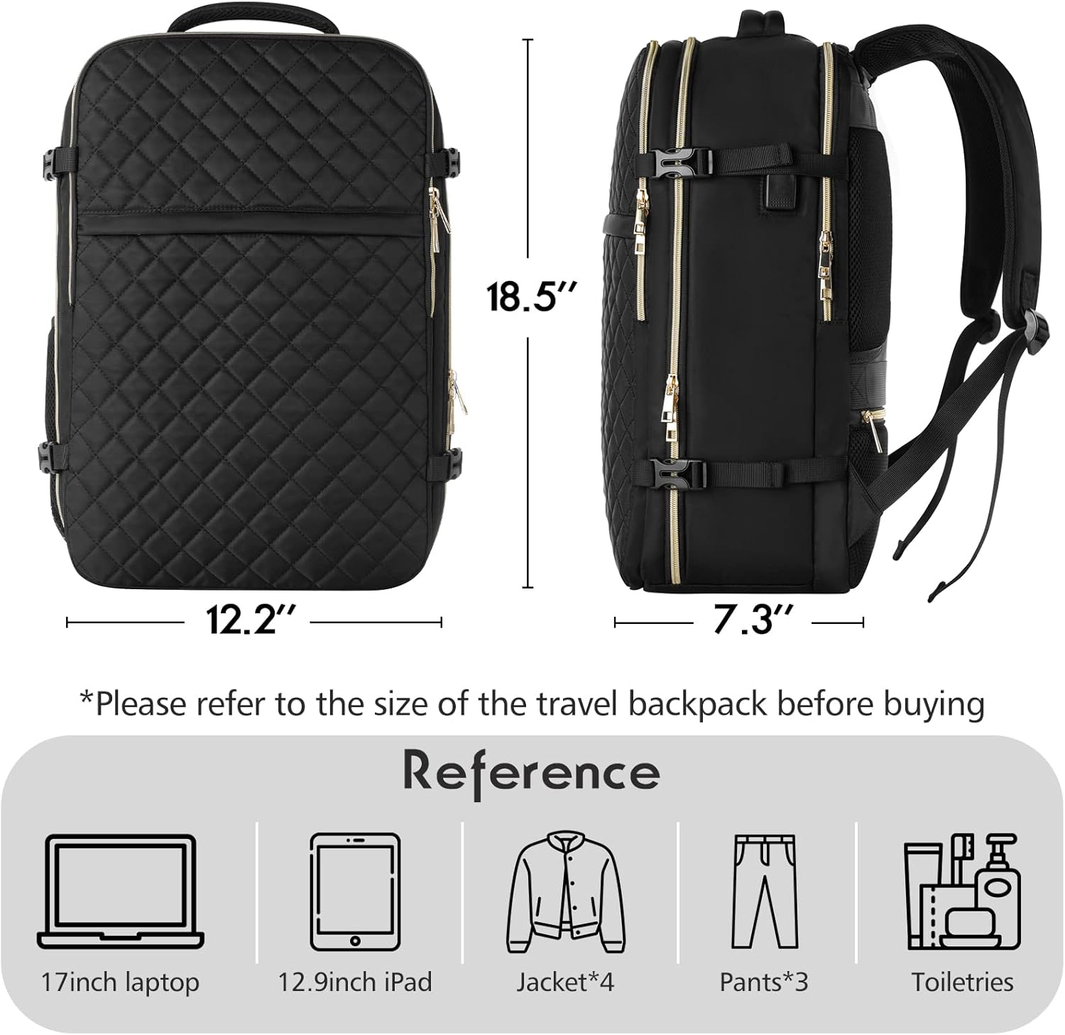 MOMUVO Large Travel Backpack Women, Flight Approved Carry On Backpack, Water Resistant Anti-Theft Casual Daypack School Bag Fit 17 Inch Laptop with USB Charging Port, Black - Image 6