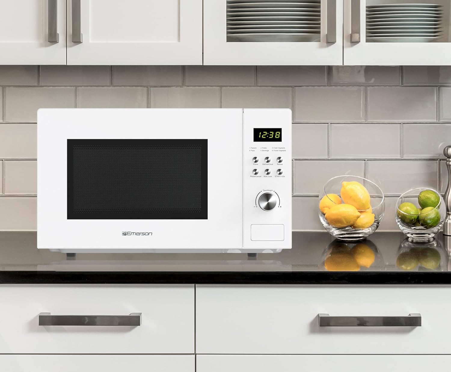 Emerson MW1101W Microwave Oven with Timer & LED Display 1000W, 10 Power Levels, 6 Pre-Programmed Settings, Removable Glass Turntable with Child Safe Lock, 1.1 Cu. Ft, White - Image 8