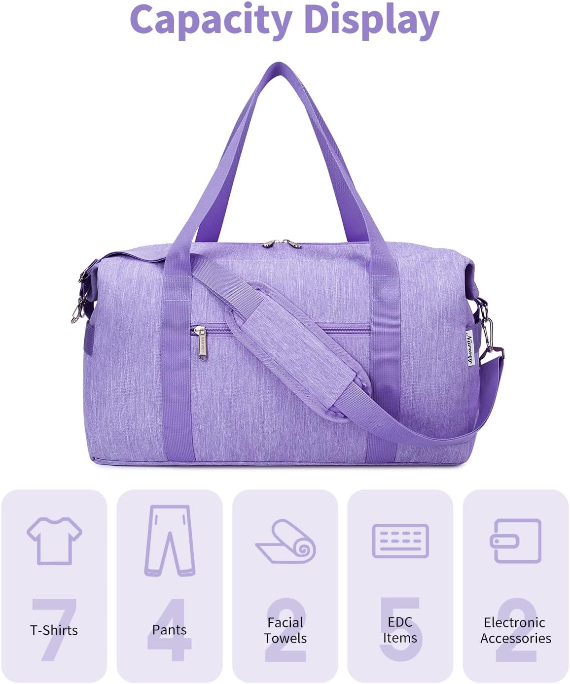 Narwey Weekender Bag for Women Overnight Bag Hospital Bag Travel Duffel Bag Spirit Airlines Personal Item Bag 18x14x8 Carry on Bag Underseat with Wet Pocket Small Gym Bag (Purple) - Image 4
