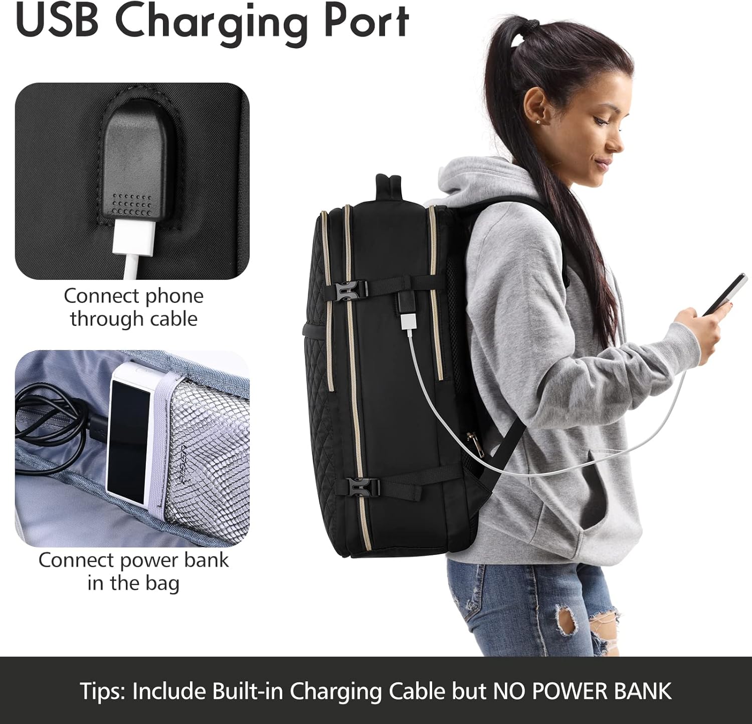 MOMUVO Large Travel Backpack Women, Flight Approved Carry On Backpack, Water Resistant Anti-Theft Casual Daypack School Bag Fit 17 Inch Laptop with USB Charging Port, Black - Image 7