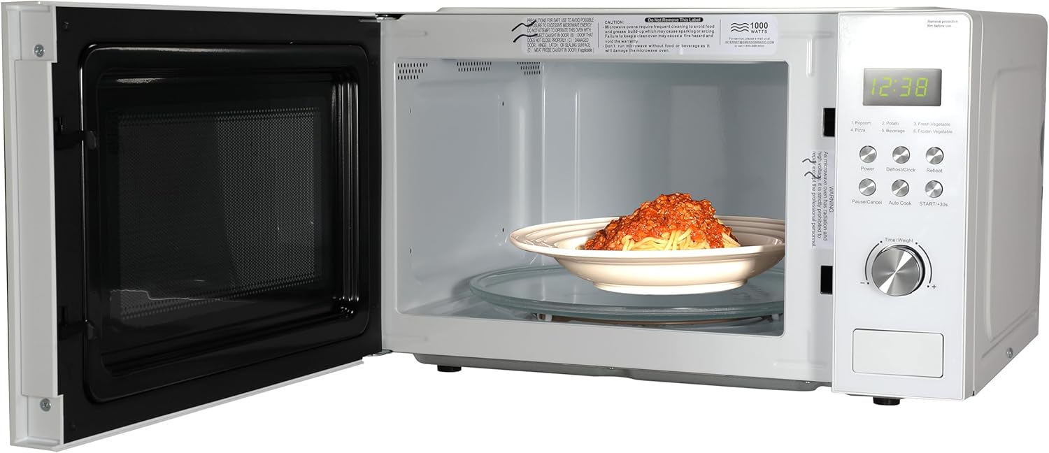 Emerson MW1101W Microwave Oven with Timer & LED Display 1000W, 10 Power Levels, 6 Pre-Programmed Settings, Removable Glass Turntable with Child Safe Lock, 1.1 Cu. Ft, White - Image 4