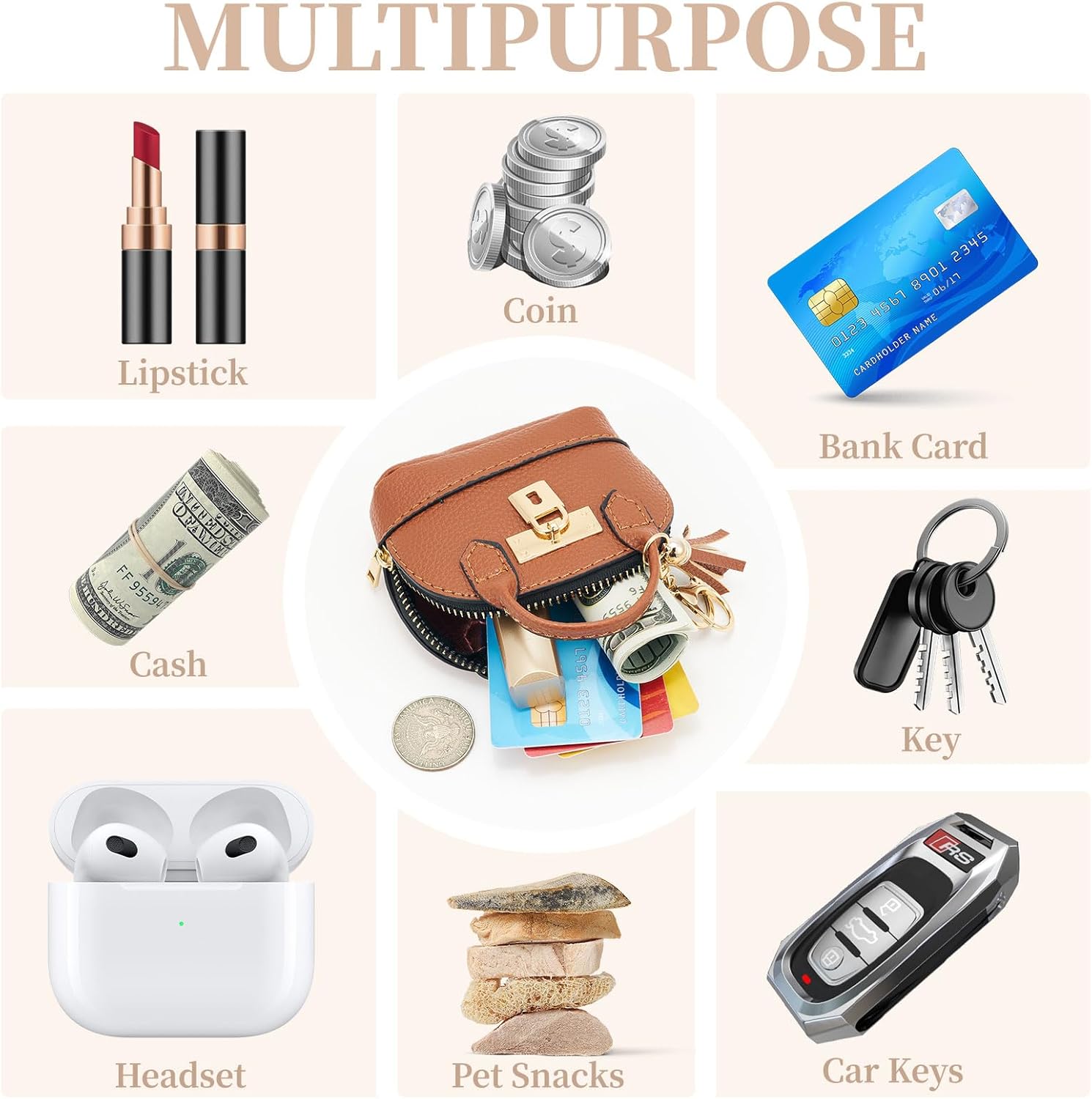 WOZEAH Mini Backpack Keychain for Women,Small Change Pouch Coin Purse Zipper with Key Card Lipstick Headset Cosmetics Bag(Coffee) - Image 4