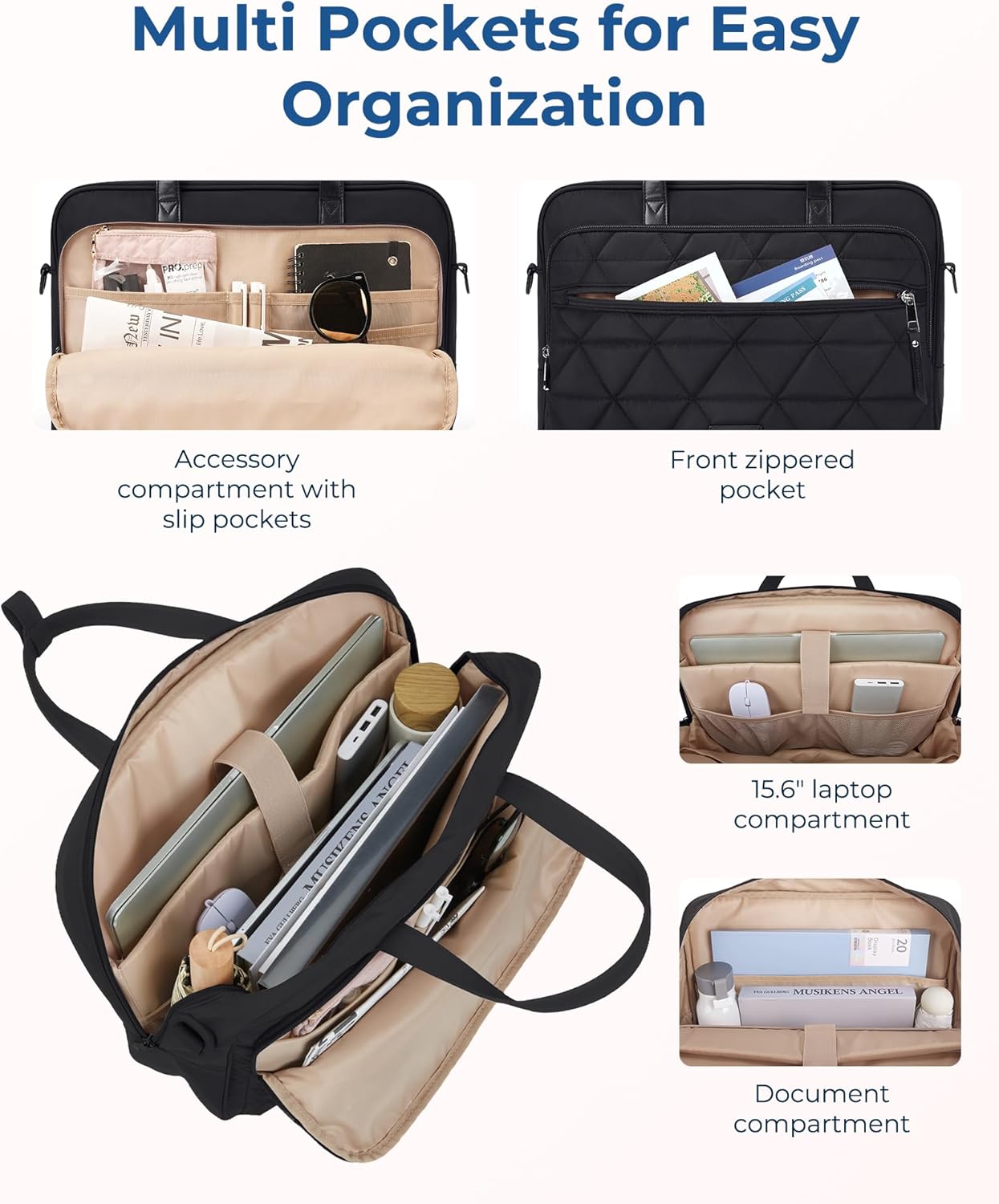 BAGSMART Laptop Bag for Women/Men, 15.6 Inch Briefcase, Stylish Leather Computer Messenger Bag for Office Business, Black - Image 3