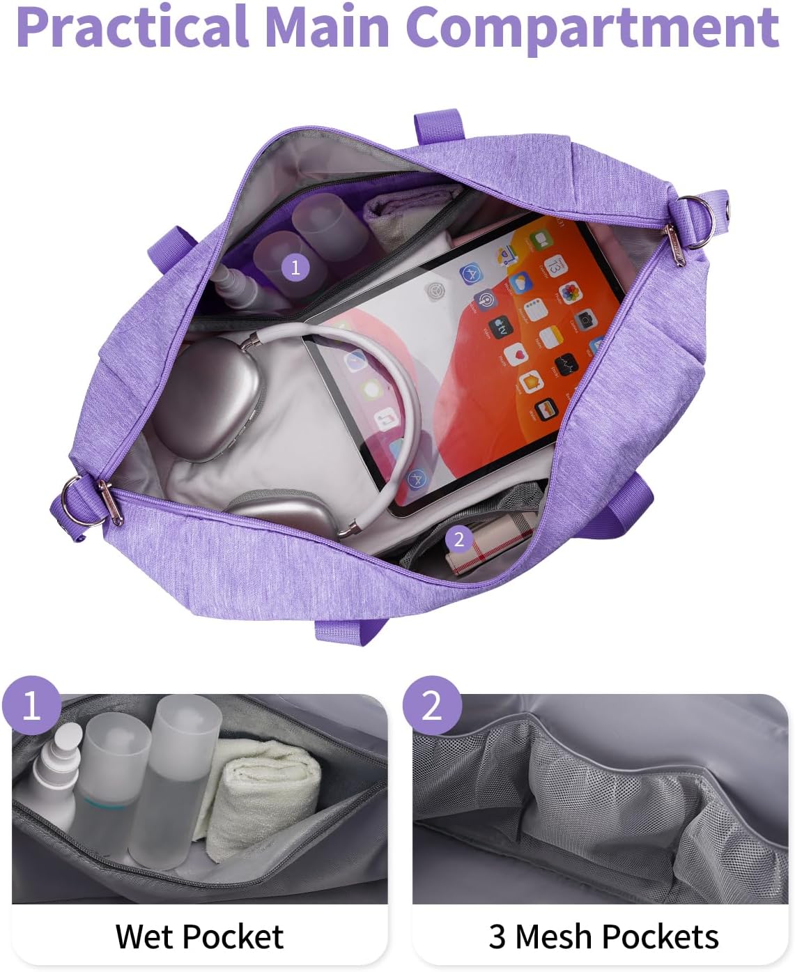 Narwey Weekender Bag for Women Overnight Bag Hospital Bag Travel Duffel Bag Spirit Airlines Personal Item Bag 18x14x8 Carry on Bag Underseat with Wet Pocket Small Gym Bag (Purple) - Image 5