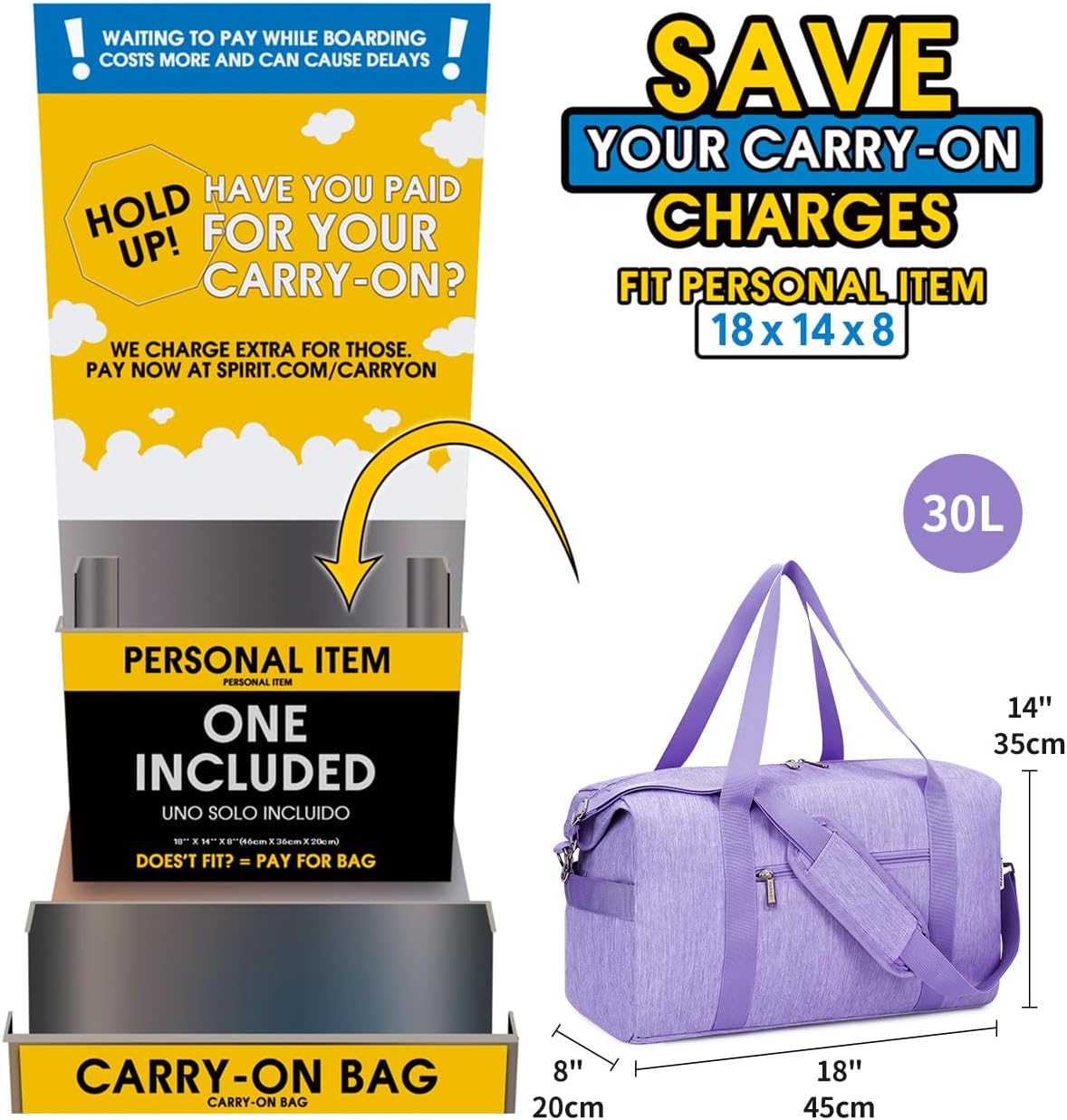 Narwey Weekender Bag for Women Overnight Bag Hospital Bag Travel Duffel Bag Spirit Airlines Personal Item Bag 18x14x8 Carry on Bag Underseat with Wet Pocket Small Gym Bag (Purple) - Image 3