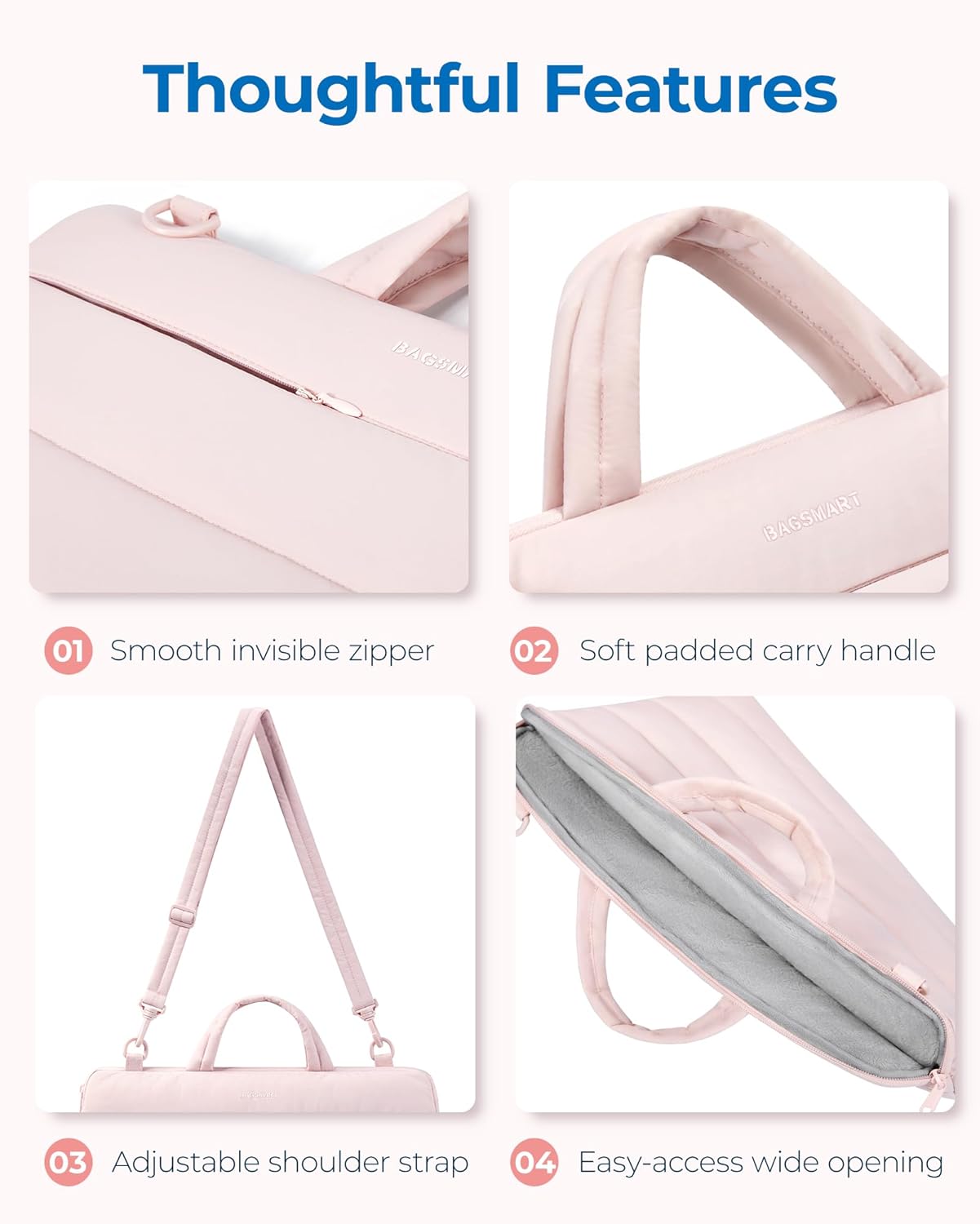BAGSMART 15-16 inch Laptop Bag, Puffy cute Laptop Case Sleeve with Handle for Women, Portable Macbook Air/Pro 13 inch Case Sleeve with Strap, Pink - Image 6