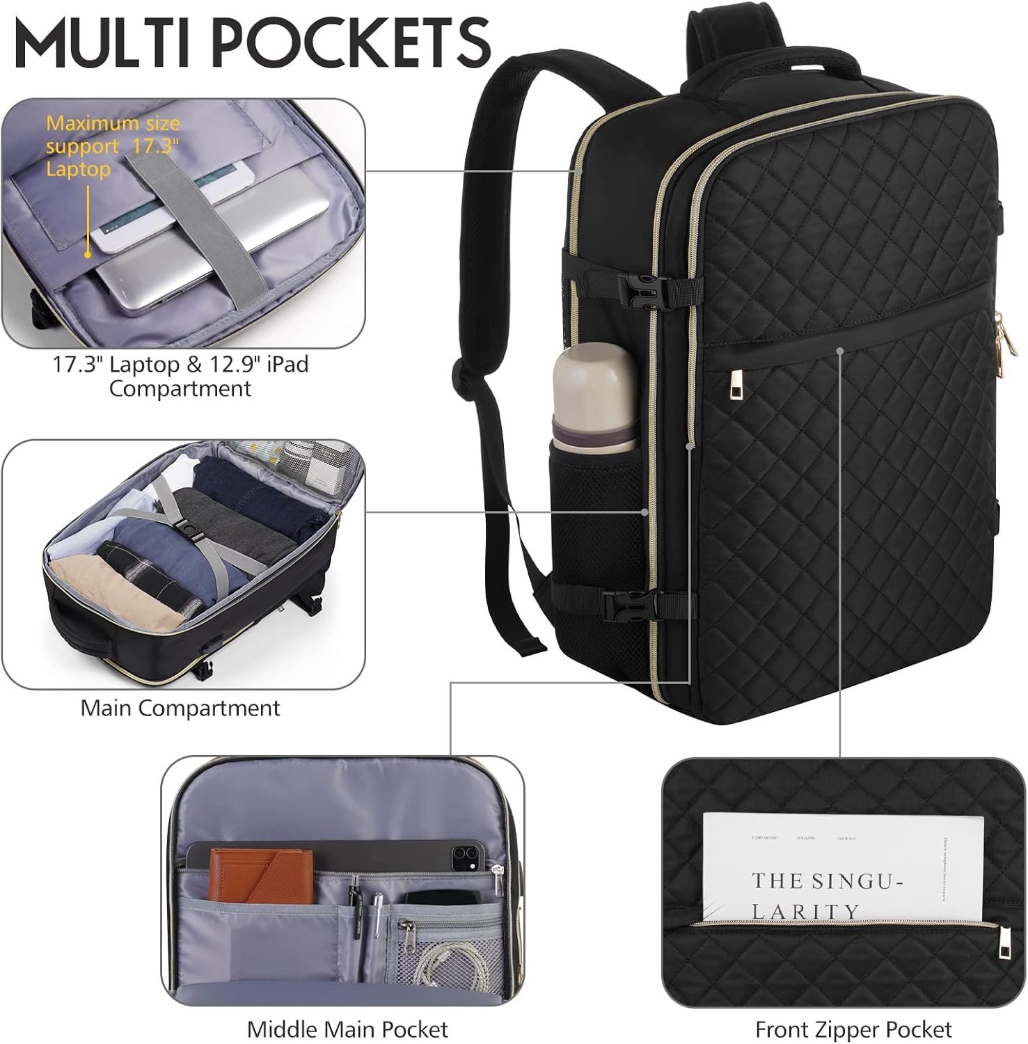 MOMUVO Large Travel Backpack Women, Flight Approved Carry On Backpack, Water Resistant Anti-Theft Casual Daypack School Bag Fit 17 Inch Laptop with USB Charging Port, Black - Image 5