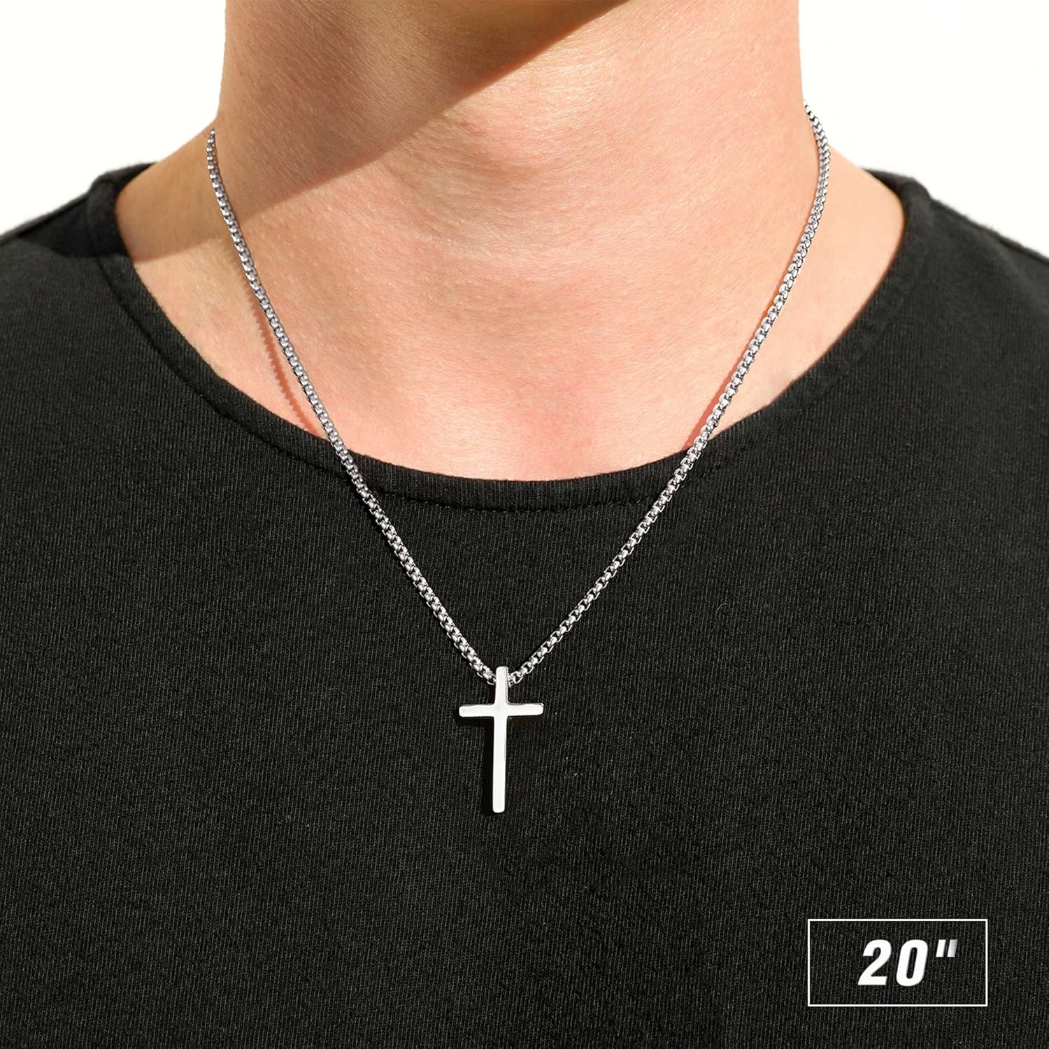 M MOOHAM Cross Necklace for Men, Silver Black Gold Stainless Steel Plain Cross Pendant Necklace for Men Box Chain 16-30 Inch - Image 3